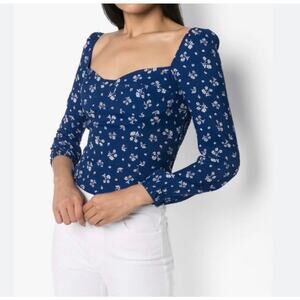 Reformation Nell Blue White Floral Puff Sleeve Fitted Blouse Size 4